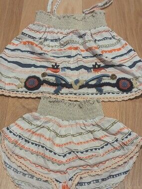 Skemo Girls' Striped Embroidered Two-Piece Dress Set - White with Navy & Orange
